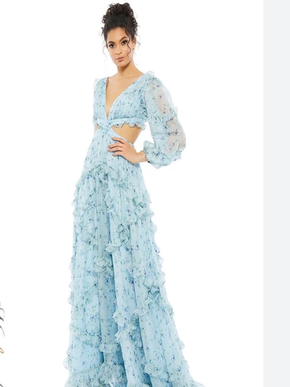Mac Duggal Pale Blue Ruffled Chiffon Maxi Dress